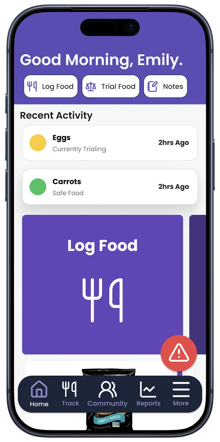 FPIESwise home screen greeting Emily, showing recent activity for eggs and carrots, quick actions to log food or start a trial, and a reaction alert