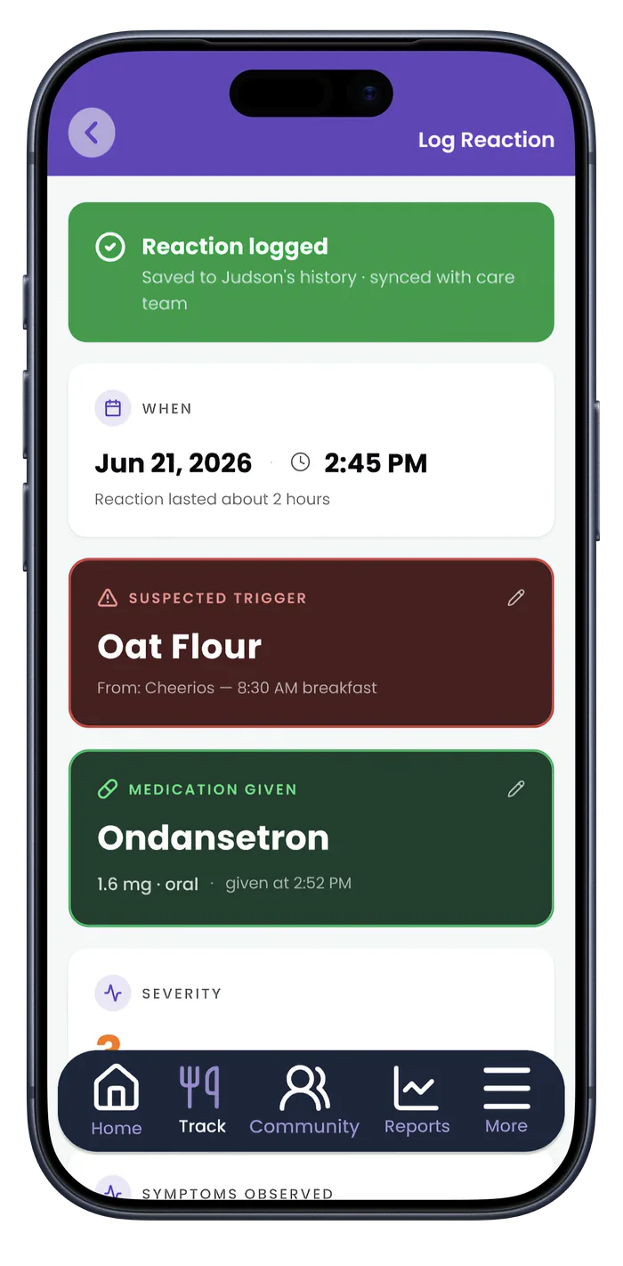 FPIESwise Log Reaction screen showing oat flour as the suspected trigger, Ondansetron given as medication, and severity being recorded