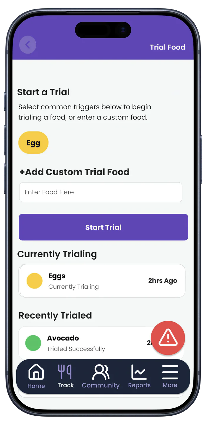 FPIESwise trial food screen showing eggs currently trialing, avocado trialed successfully, and oat flour muffin flagged as a suspected trigger