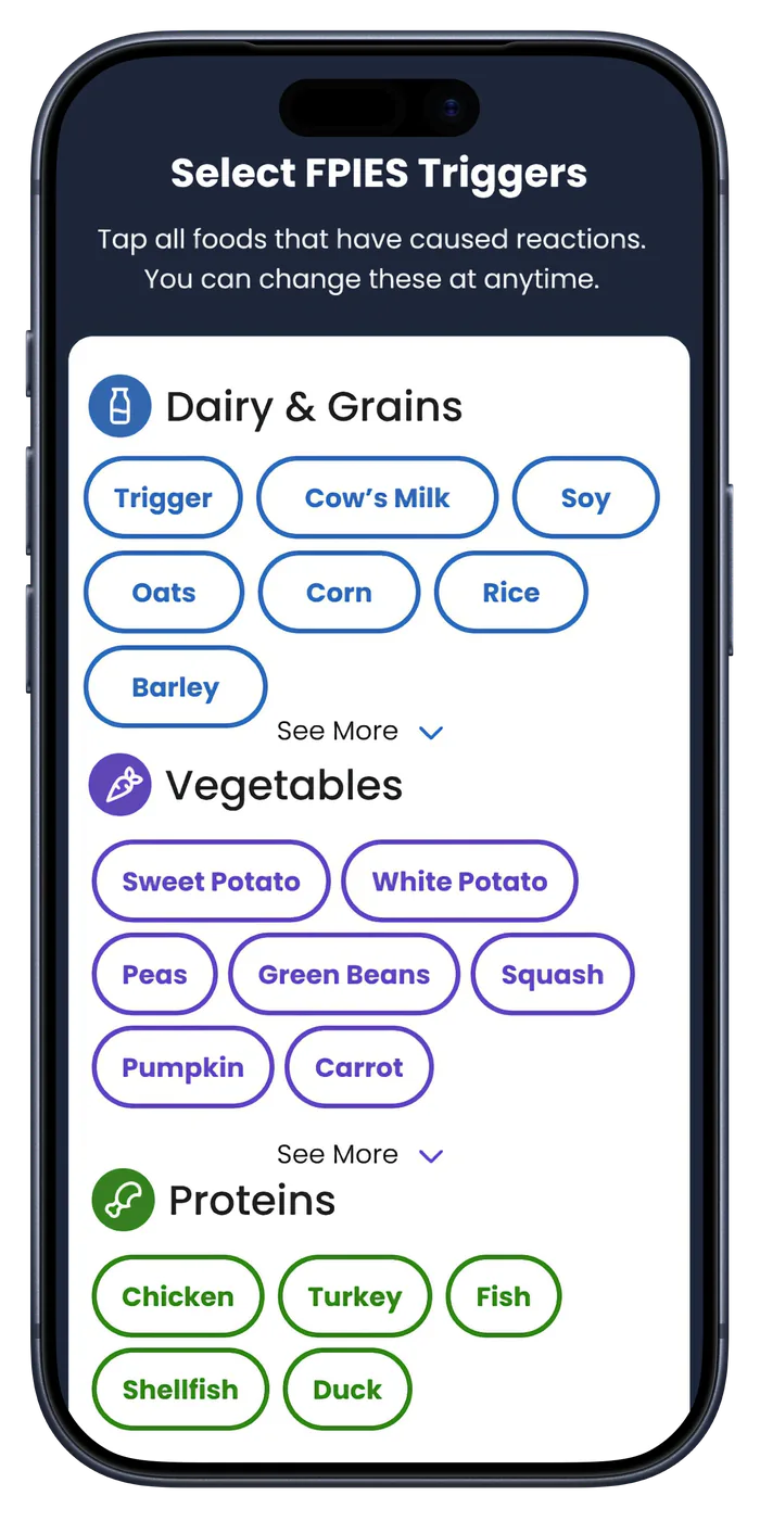 FPIESwise onboarding screen for selecting FPIES triggers across dairy and grains, vegetables, and proteins